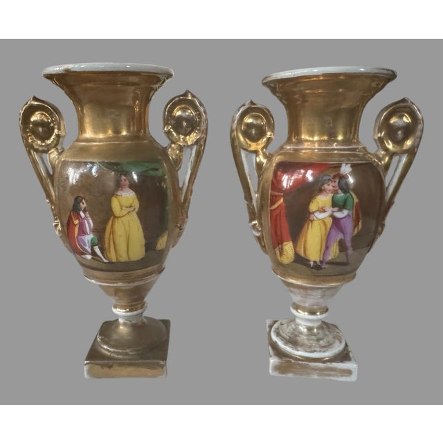 Ceramic Pair of Antique Old Paris Porcelain Portrait & Scenic Gilt Decorated Miniature Cabinet 6.5" Vases For Sale - Image 7 of 12