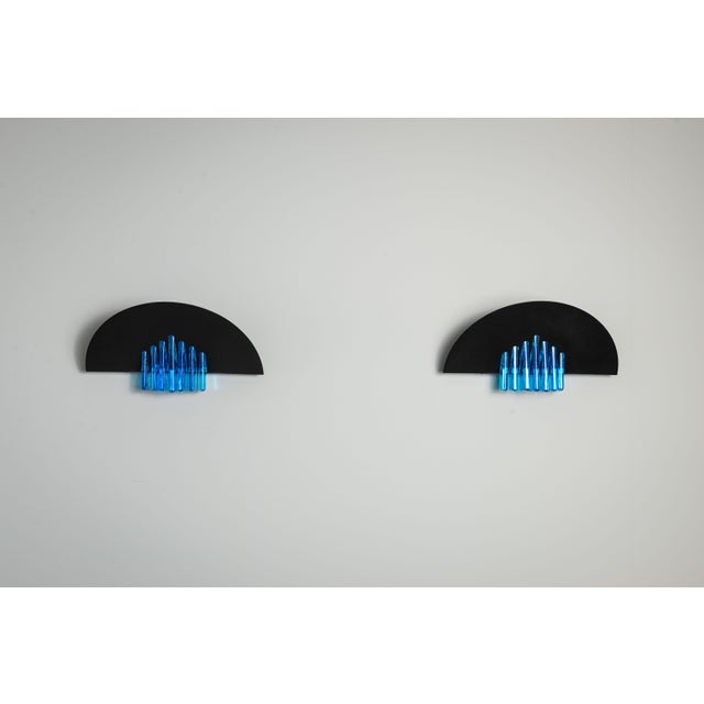 Wall Lamps with Black Frames and Blue Glass from AV Mazzega, 1980s, Set of 2 For Sale - Image 6 of 18