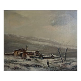 Ferran, Snowy Village Landscape, Late 20th Century, Painting, Framed For Sale