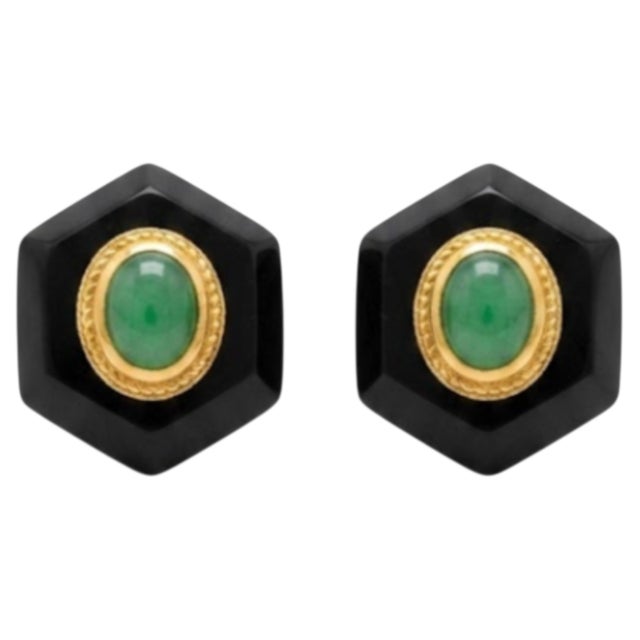 2020s Natural Emerald, Black Onyx, & Diamond Earring in 14k Gold For Sale - Image 5 of 8