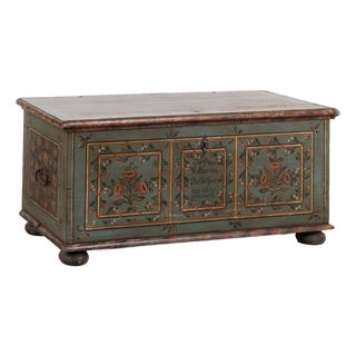 1836 Hungarian Original Hand-Painted Teal Flat Top Pine Trunk For Sale