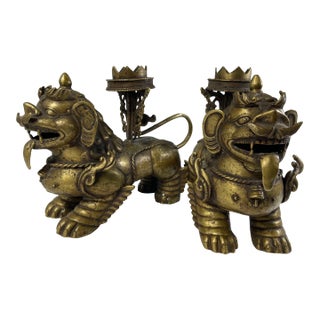 Antique Pair of Large Hand-Carved Asian Lion Sculptures For Sale