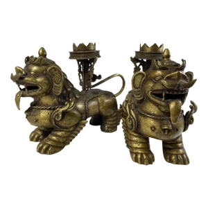 Antique Pair of Large Hand-Carved Asian Lion Sculptures