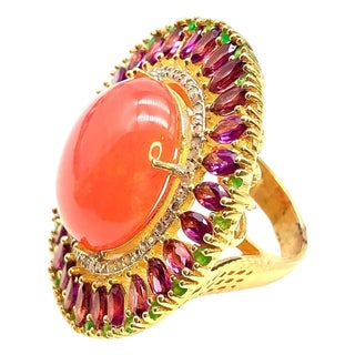 Bochic "Orient" Vintage Orange Opal, Rodolite & Diamond Ring Set In 18K & Silver For Sale