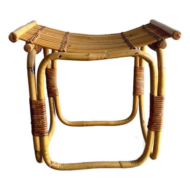 Vintage Coastal Franco Albini Style Rattan and Cane Stool, 1960s, Italy For Sale