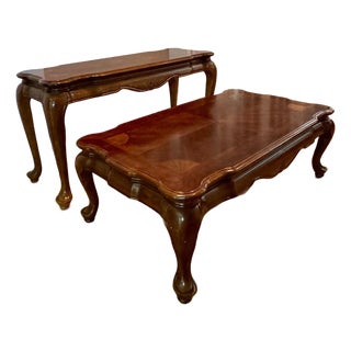 1990s Traditional French Provincial Style Inlaid Burl Wood Coffee & Sofa Table Set - 2 Pieces For Sale