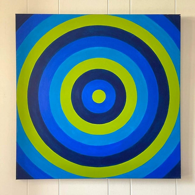 Textile Vintage Signed Op Art Concentric Circles Oil Painting For Sale - Image 7 of 13