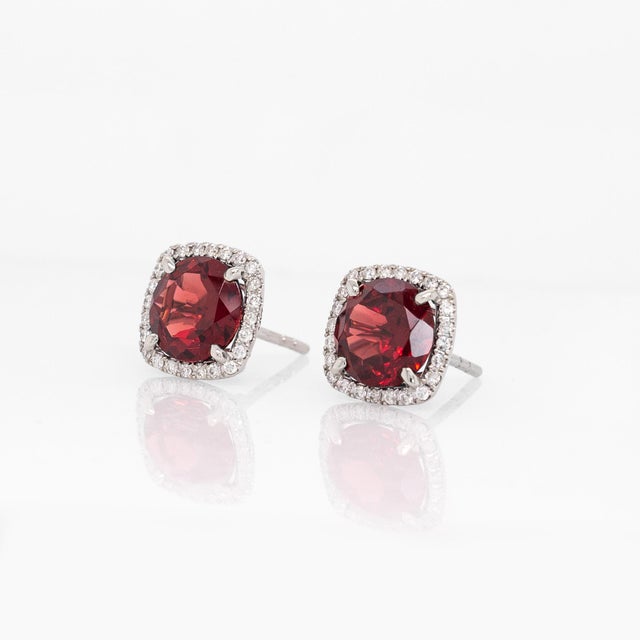 4.5cts Garnet Stud Earrings With Natural Diamond Halo: Solid 14k White Gold, 8mm For Sale - Image 4 of 6