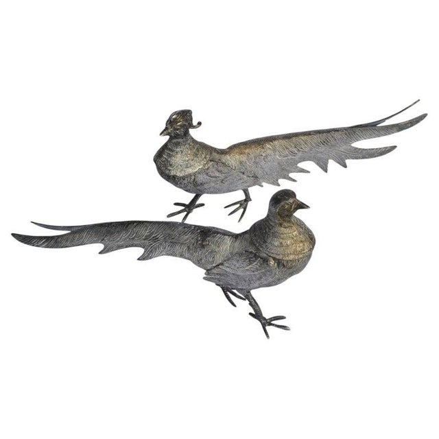 Art Deco 20th Century Silvered Bronze Set 2 Pheasant Animal Sculptures Figurines Italy For Sale - Image 3 of 12