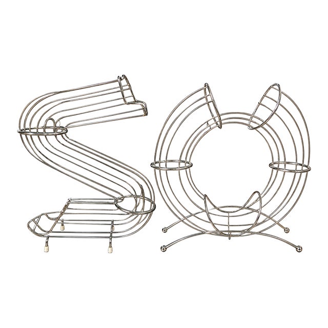 Pair of Vintage Sculptural Chrome Wire Orange Holders / Fruit Racks – Postmodern Kitchen Design For Sale