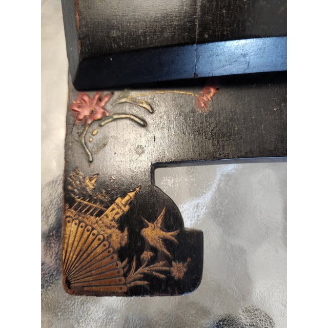Wood 19th C. Chinoiserie Ebonized Wall Sconces & Letter Pockets - A Pair For Sale - Image 7 of 17