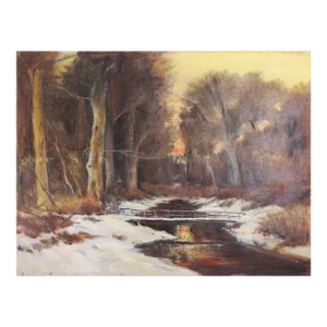 Early 20th Century Winter Bridge at Sunset Painting