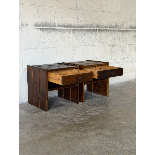 Wood Oak Nightstands Side Tables Set of 2 Rustic Brutalist Vintage Mid-Century Modern 1970s For Sale - Image 7 of 11