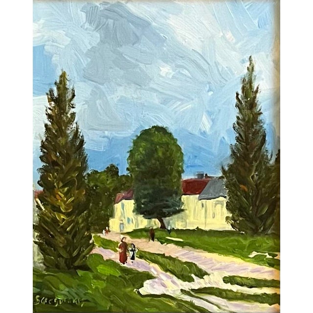 Oil painting on okoume board (similar to oak) of a French village scene with cypress trees, and passersby in the...