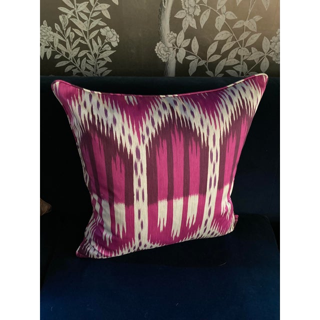 Pair of 20" Custom Pillows in Schumacher Bukhara Ikat Fuchsia, Pattern 176082 For Sale - Image 11 of 18