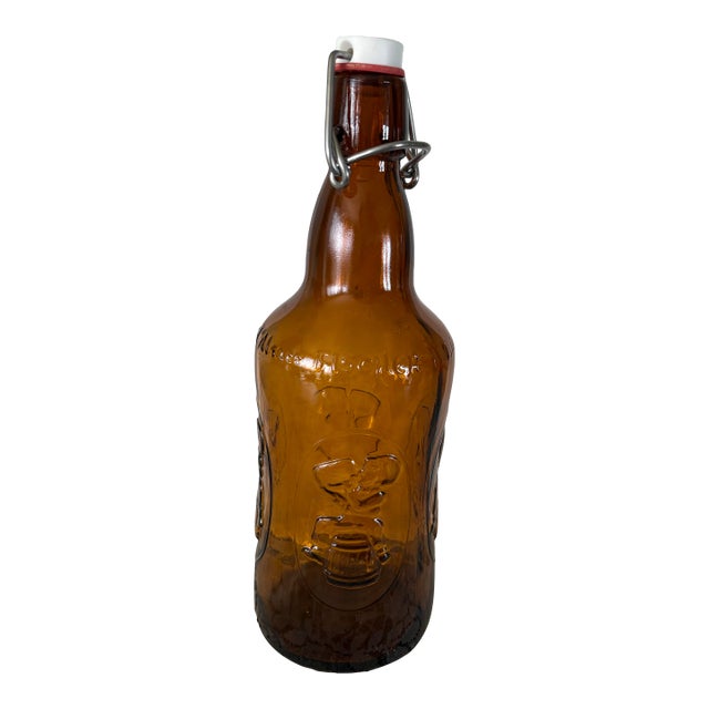 Vintage Fischer Biere d'Alsace Brown Bottle With Swing Top Cap French Beer Bottle With Embossed Image. 2 Available. For Sale