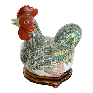 Vintage Chinese Famille Verte Chicken Tureen / Lidded Steamer With Custom Carved Wood Stand