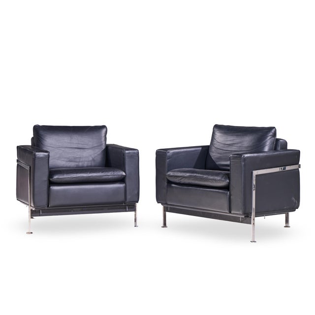 Mid-Century Modern Robert Haussmann for De Sede Mid Century Black Leather Chairs - Pair For Sale - Image 3 of 12