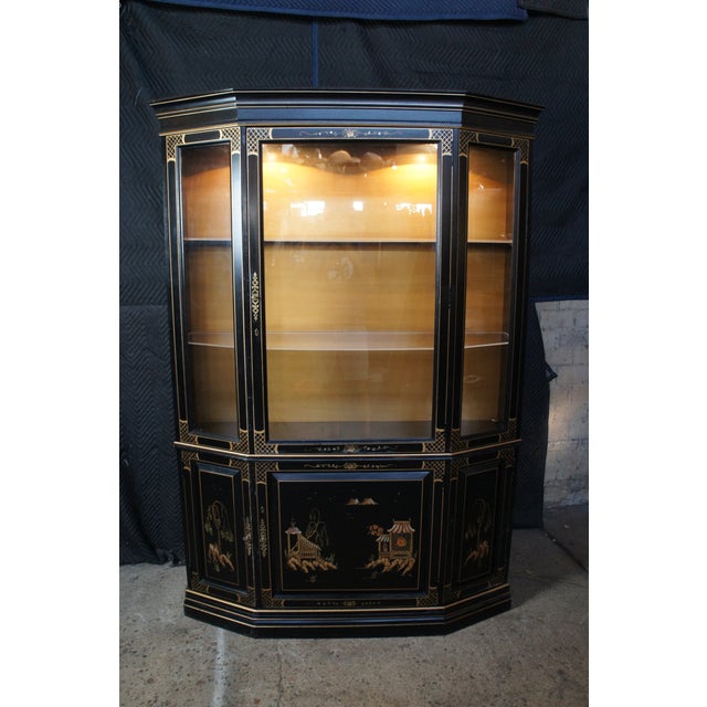 Vintage Jasper Black Lacquer Chinoiserie China Display Cabinet Pagoda Landscape, Attributed For Sale - Image 4 of 13