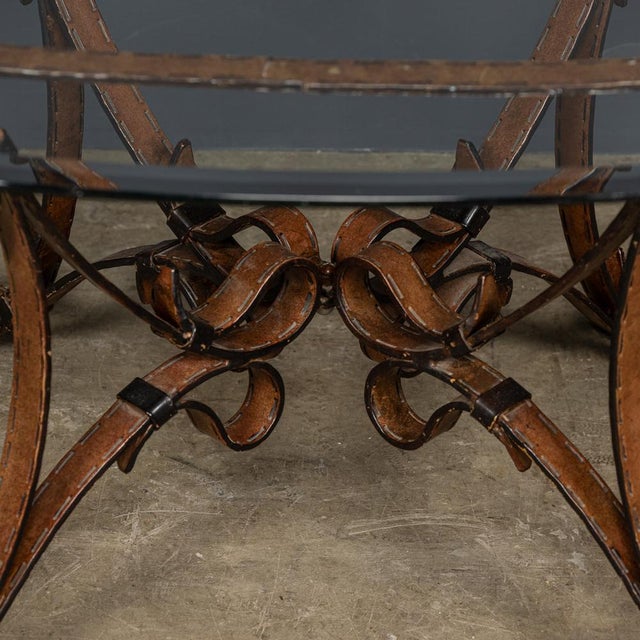 Cold Painted Wrought Iron Strap & Stitch Glass Top Coffee Table, 1980s For Sale - Image 4 of 18