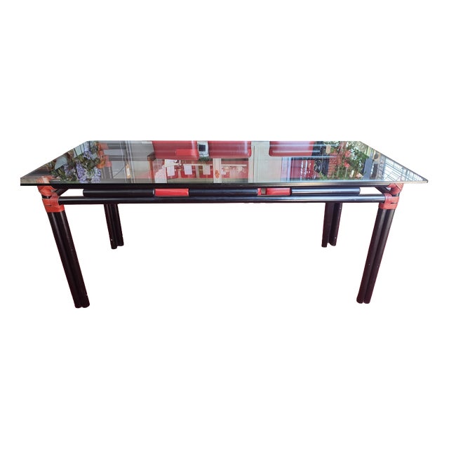 Black Lacquered Bamboo-Style Table with Glass Top and Red Leather Woven Straps, 1980s For Sale