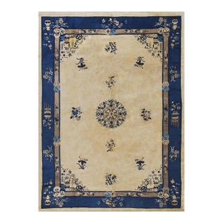 1920s Rectangle Beige Field Vase Medallion Antique Chinese Peking Knotted Rug For Sale