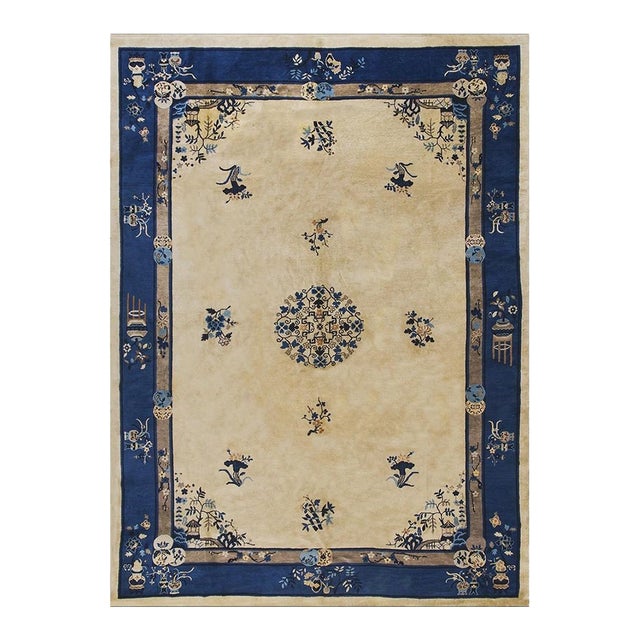 1920s Rectangle Beige Field Vase Medallion Antique Chinese Peking Knotted Rug For Sale