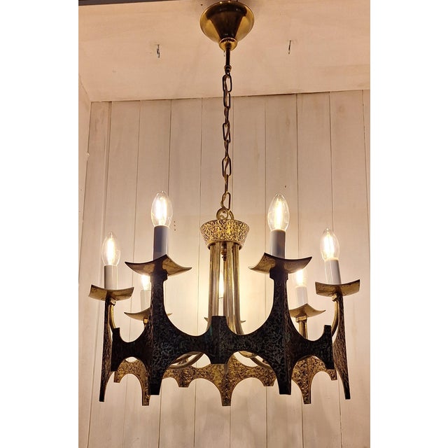 Brutalist 7-Light Chandelier in Bronze and Brass, 1960s For Sale - Image 6 of 6