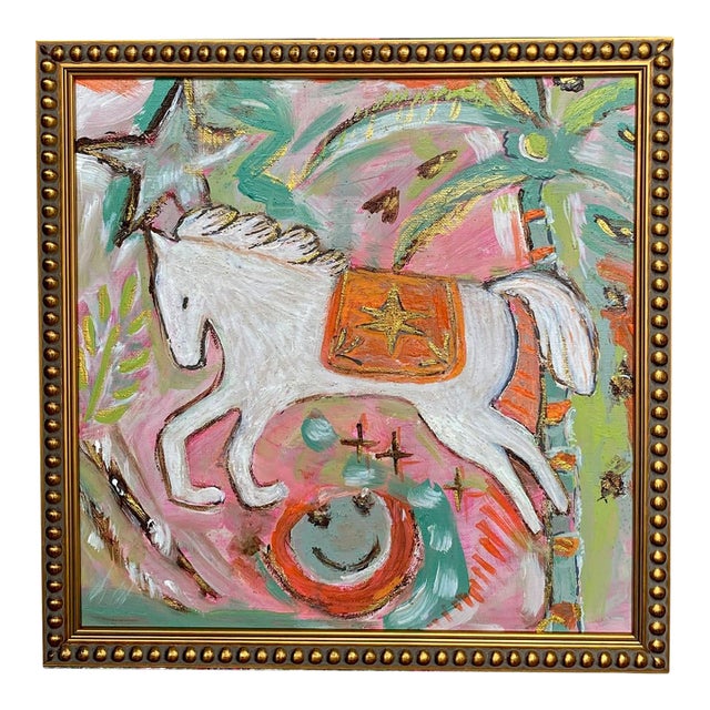 Original Horse Painting in Gilded Frame | Small Fine Art Acrylic | Whimsical Equestrian Art | Palm Beach Style | 13 X 13 Framed For Sale