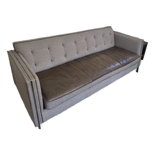 Contemporary Modern Designer Gray Leather & Woven Sofa – Caracole For Sale