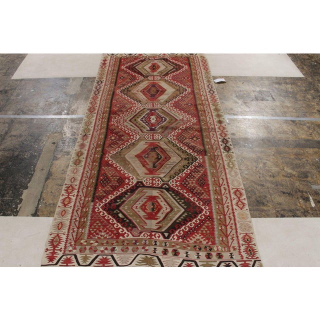 Tribal Handwoven Vintage Turkish Kayseri Kilim Rug, Red, Beige-Brown Geometric Pattern For Sale - Image 3 of 8