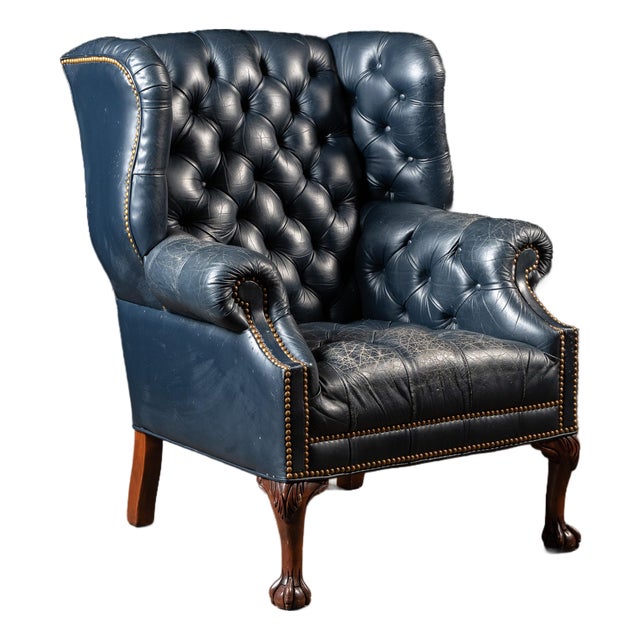 Vintage Tufted Leather Chesterfield Armchair in Blue For Sale