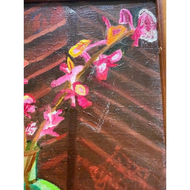 Still Life of Pink Orchids in a Blue Vase, Oil Painting For Sale - Image 4 of 10