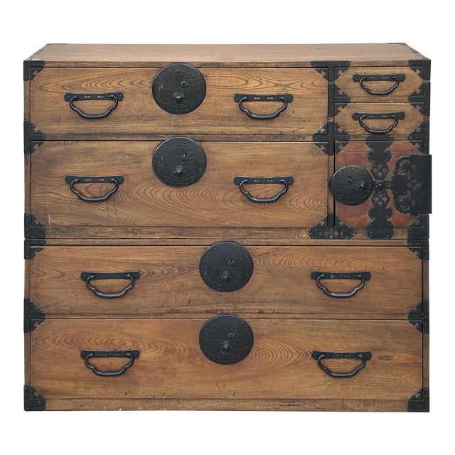 Vintage Brown Wood Black Hardware Accent Stack Tansu Chest Cabinet For Sale