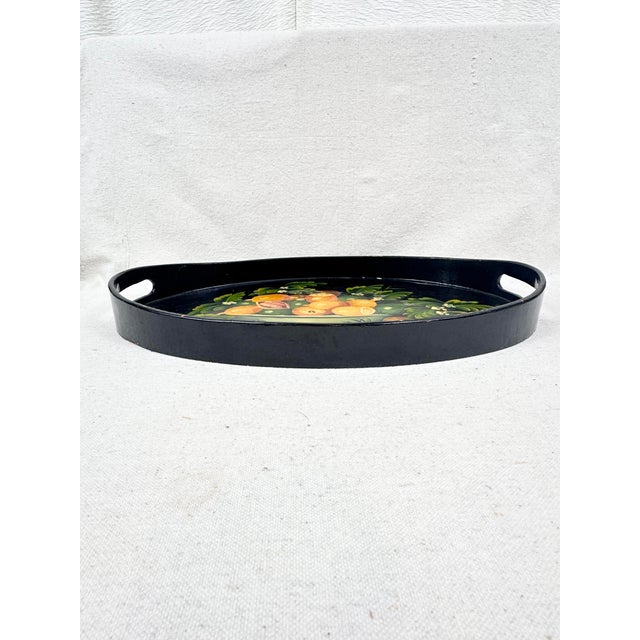 Late 20th Century Vintage Hand-Painted Black Lacquer Oval Tole Serving Tray With Citrus Fruit For Sale - Image 5 of 11