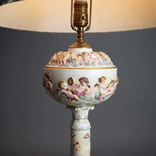Ceramic Antique Classical Italian Embossed Porcelain Cherub Table Lamp, Circa 1920 For Sale - Image 7 of 11
