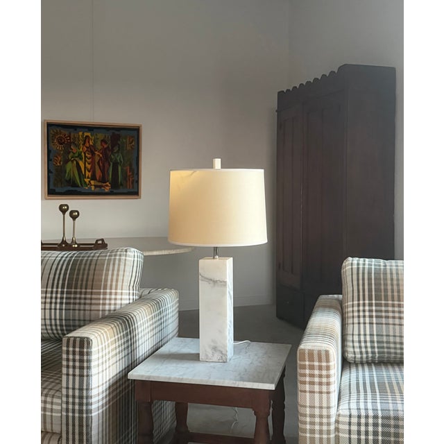 A clean, Minimalist, über-heavy, solid marble plinth table lamp of Italian 1960s production. We love a carved stone lamp,...
