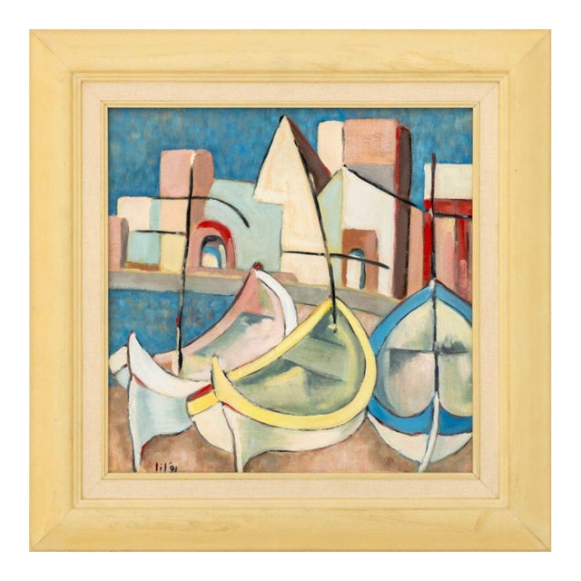 Signed Post-Cubist Harbor Scene Oil on Canvas For Sale