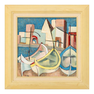 Signed Post-Cubist Harbor Scene Oil on Canvas