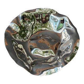 Vintage Alessi Crumpled Stainless Fruit Bread Bowl For Sale