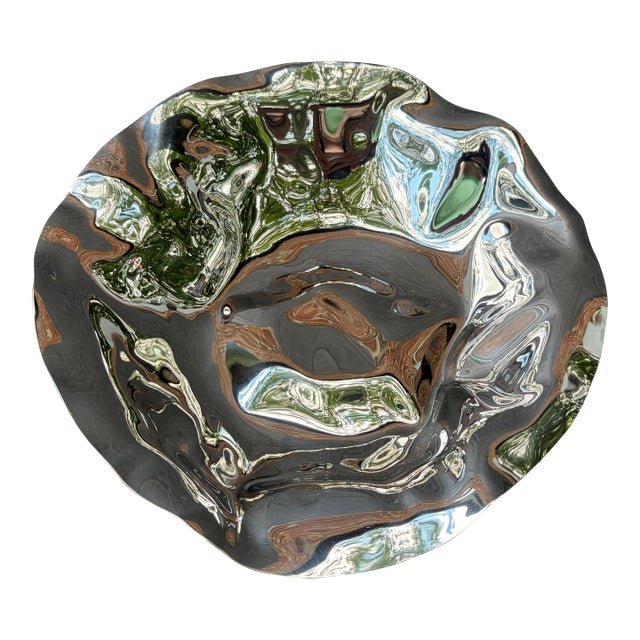 Vintage Alessi Crumpled Stainless Fruit Bread Bowl For Sale