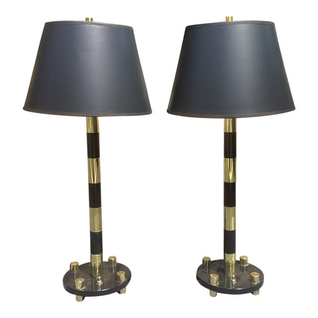 Pair of Italian Mid Century Modern Brass and Black Enameled Brass Table Lamps For Sale