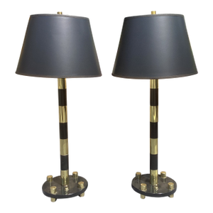 Pair of Italian Mid Century Modern Brass and Black Enameled Brass Table Lamps