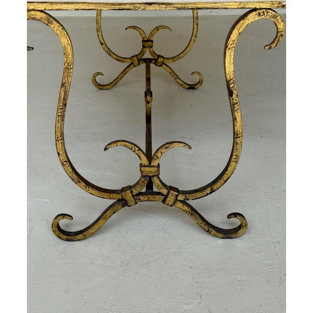Metal Vintage Mid Century Spanish Gilt Iron Bench With Ornate Base For Sale - Image 7 of 12