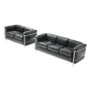Set of Vintage LC-2 in Black Leather by Le Corbusier for Cassina, 1978 For Sale