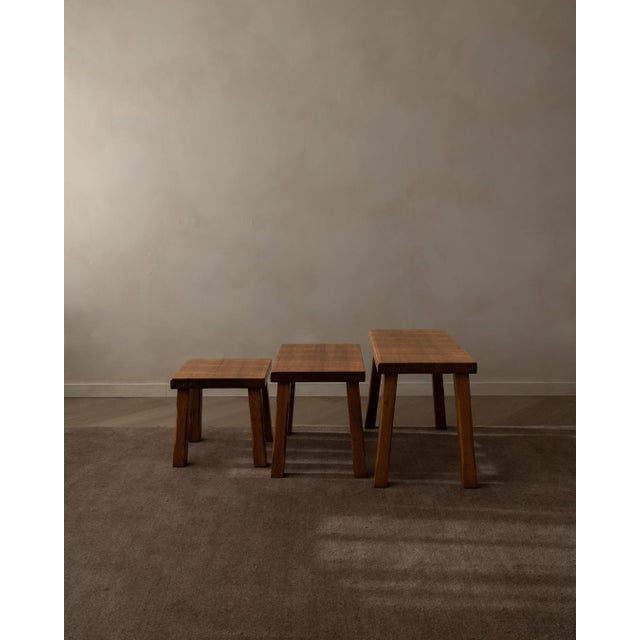 Mid-Century Modern Dutch Brutalist Oak Nesting Tables in the style of Pierre Chapo, 1970s, Set of 3 For Sale - Image 3 of 18