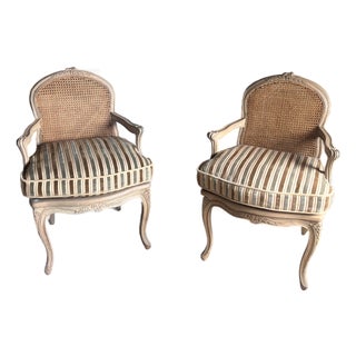 Late 20th Century Pair of French Louis XV Style Cane Back Bergère Chairs For Sale