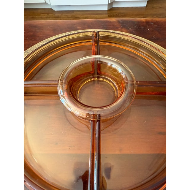 Amber Early 20th Century Cambridge Glass Co. Gold Encrusted Amber Glass Divided Relish Dish With Center Insert - 6-Piece For Sale - Image 8 of 12