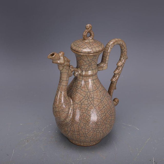 1930s Ge Style Crackle Glaze Porcelain Ewer, Dragon Spout Lidded Wine Pitcher For Sale - Image 5 of 9