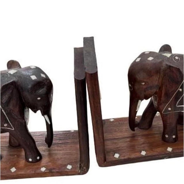 Mid 20th Century Anglo-Indian Carved Hardwood Elephant Bookends With Intricate Bone Inlay — Pair For Sale - Image 11 of 11